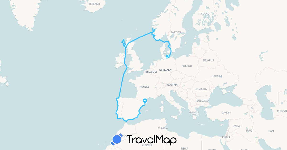 TravelMap itinerary: driving, boat in Germany, Denmark, Spain, United Kingdom, Gibraltar, Ireland, Norway, Portugal, Sweden (Europe)